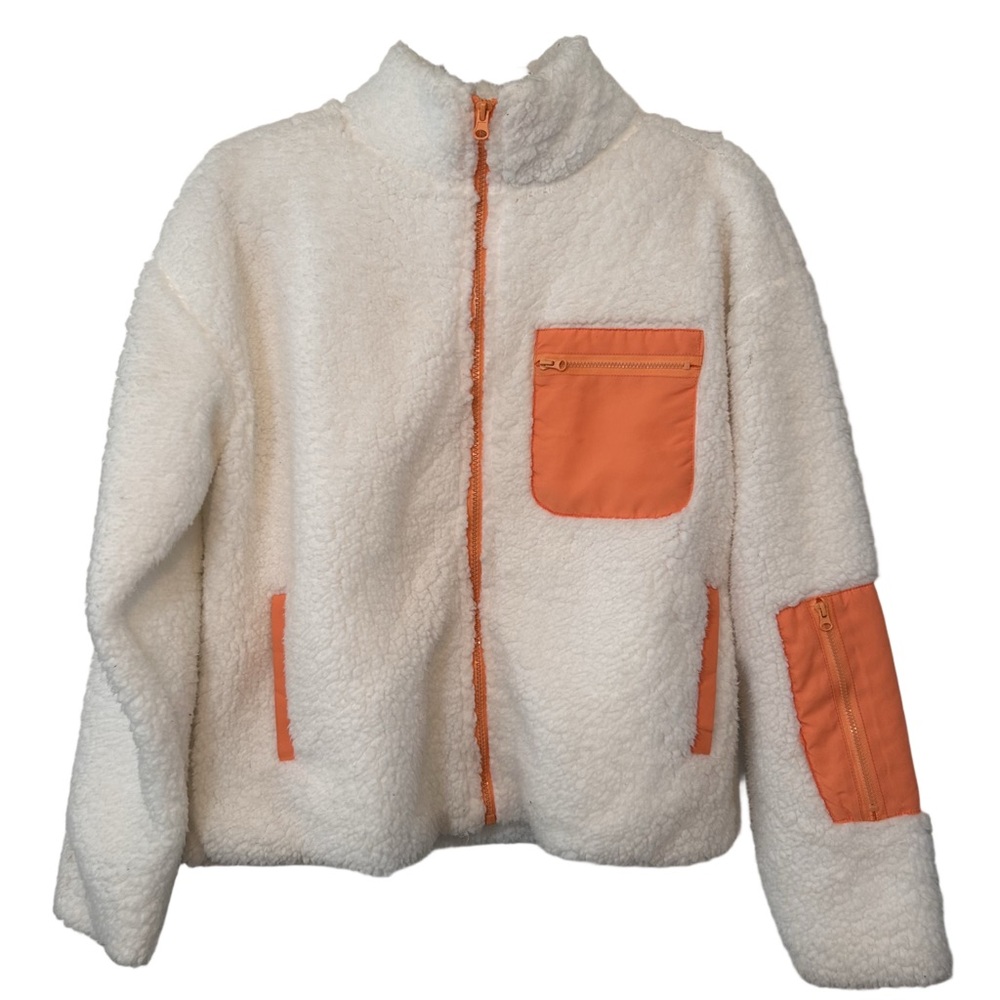 Ease of Motion Women's Cream Teddy Sherpa Jacket with Orange Accents Size Medium